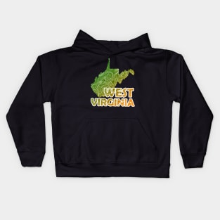 Colorful mandala art map of West Virginia with text in green and orange Kids Hoodie